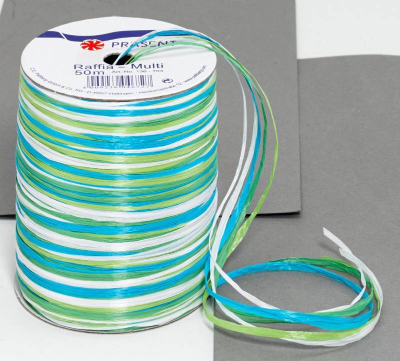 PRÄSENT Geschenkband Multi-Raffia 3 mm x 50 m blau/grün/weiß von PRÄSENT