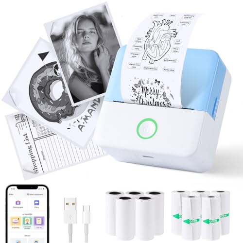 PRAOAHEI Mini Drucker, Tragbarer Fotodrucker mit 10 Rollen Druckerpapier, Bluetooth-Etikettendrucker, Thermodrucker für Notizen, Fotos, Tagebücher, Heimwerken, kompatibel mit iOS und Android (Blau) von PRAOAHEI