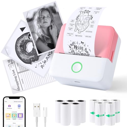 PRAOAHEI Mini Drucker, Tragbarer Fotodrucker mit 10 Rollen Druckerpapier, Bluetooth-Etikettendrucker, Thermodrucker für Notizen, Fotos, Tagebücher, Heimwerken, kompatibel mit iOS und Android (Rosa) von PRAOAHEI