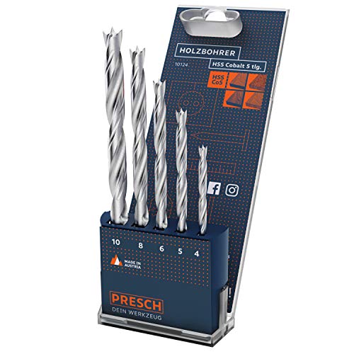 Presch Holzbohrer Set HSS Cobalt 5-tlg - Hochwertige 5% cobaltlegierte HSS Bohrer für Holz zum Bohren von allen Holzarten - Langlebiges Profi Holzspiralbohrer Set - Ø 4-10mm Presch Holzbohrer Set HSS Cobalt 5-tlg - Hochwertige 5% cobaltlegierte HSS Bohrer für Holz zum Bohren von allen Holzarten - Langlebiges Profi Holzspiralbohrer Set - Ø 4-10mm von PRESCH