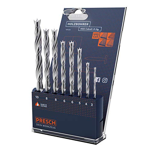 Presch Holzbohrer Set HSS Cobalt 8-tlg - Hochwertige 5% cobaltlegierte HSS Bohrer für Holz zum Bohren von allen Holzarten - Langlebiges Profi Holzspiralbohrer Set - Ø 3-10mm Presch Holzbohrer Set HSS Cobalt 8-tlg - Hochwertige 5% cobaltlegierte HSS Bohrer für Holz zum Bohren von allen Holzarten - Langlebiges Profi Holzspiralbohrer Set - Ø 3-10mm von PRESCH
