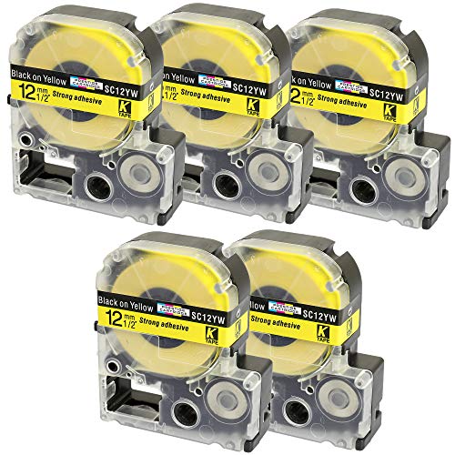 5 Kassetten LC-4YBW LC-4YBW9 SC12YW schwarz auf gelb 12mm x 8m Schriftband kompatibel für Epson LabelWorks LW-300 LW-300L LW-400 LW-500 LW-600P LW-700 LW-900P LW-1000P Beschriftungsgerät von PRESTIGE CARTRIDGE