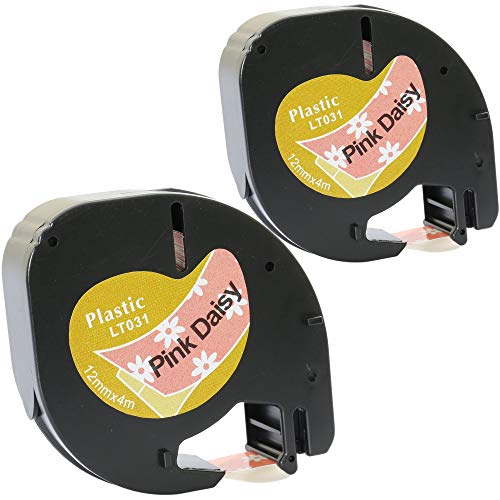 Prestige Cartridge 2 Kassetten schwarz auf rosa gänseblümchen 12mm x 4m Kunststoff Schriftband kompatibel für DYMO LetraTag LT-100H LT-100T LT-110T QX50 XR XM 2000 Plus Beschriftungsgerät von PRESTIGE CARTRIDGE