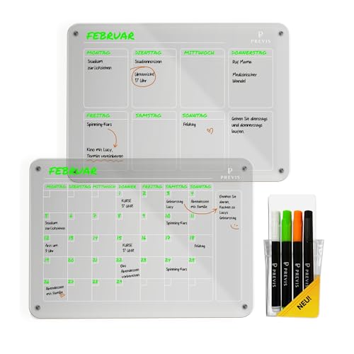 PREVIS 2X Acryl Wochenplaner + Monatsplaner Abwischbar für Kühlschrank A3 (40x30) mit 4 Boardmarkern -2X Acrylic Magnetic Transparent Calendars for Fridge- Familienplaner Abwischbar von PREVIS