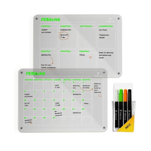 PREVIS 2X Acryl Wochenplaner + Monatsplaner Abwischbar für Kühlschrank A4 (21X29,7CM) mit 4 Boardmarkern - 2X Acrylic Magnetic Transparent Calendars for Fridge - Familienplaner Abwischbar von PREVIS