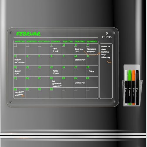 PREVIS Acryl Kalender für Kühlschrank A3 (40X30CM) mit 4 Boardmarkern - Monatsplaner Abwischbar Kühlschrank Kalender - Acrylic Magnetic Calendar for Fridge Transparent - Familienplaner Abwischbar von PREVIS