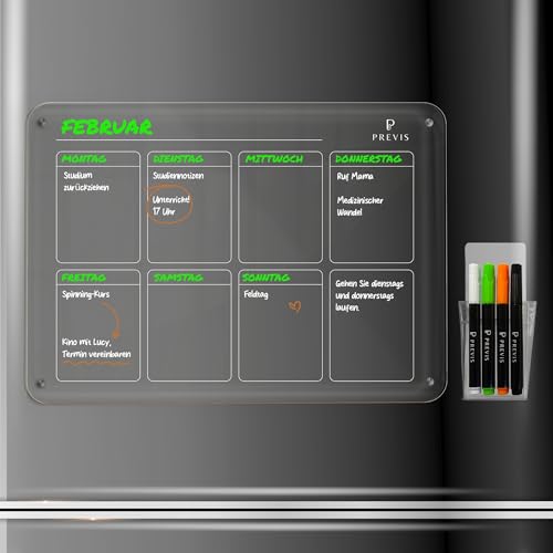 PREVIS Wochenplaner Abwischbar Acryl Magnetisch für Kühlschrank A3 (40X30CM) mit 4 Boardmarkern -Weekly Planner Kühlschrank Acryl - Magnetic Calendar for Fridge Transparent - Familienplaner Abwischbar von PREVIS