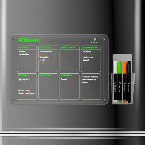 PREVIS Wochenplaner Abwischbar Acryl Magnetisch für Kühlschrank A4 (21X29,7CM)mit 4 Boardmarkern- Weekly Planner Kühlschrank Acryl - Magnetic Calendar for Fridge Transparent- Familienplaner Abwischbar von PREVIS