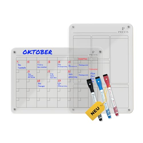 Previs 2X Acryl Wochenplaner + Monatsplaner Abwischbar für Kühlschrank A4 mit 3 Boardmarkern - 2X Acrylic Magnetic Transparent Calendars for Fridge - Familienplaner Abwischbar von PREVIS