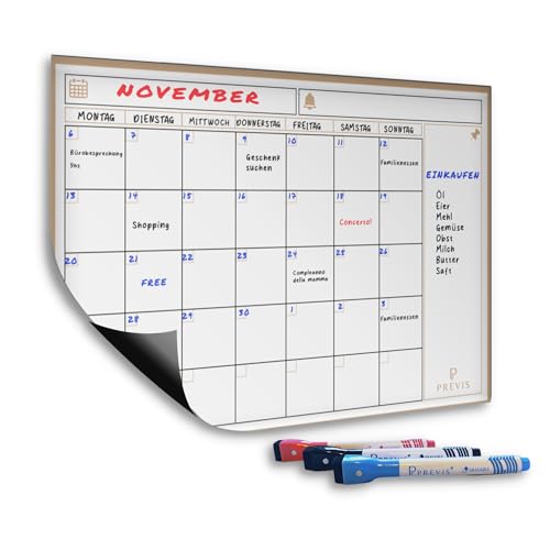 Previs Whiteboard Kalender A3 (40x30CM) mit 3 Löschbaren Markern - Magnet kalender - Kühlschrank Kalender - Monatsplaner Magnetisch - Magnet Kalender Kühlschrank - Monthly Planner von PREVIS