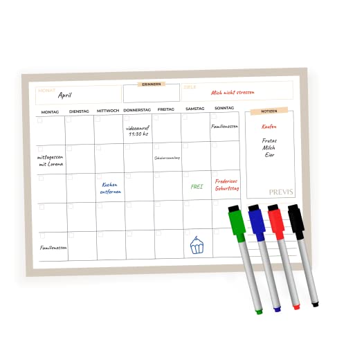Previs Whiteboard Kalender A4 (21X29,7CM) mit 4 Löschbaren Markern - Magnet kalender - Kühlschrank Kalender - Monatsplaner Magnetisch - Magnet Kalender Kühlschrank - Monthly Planner von PREVIS