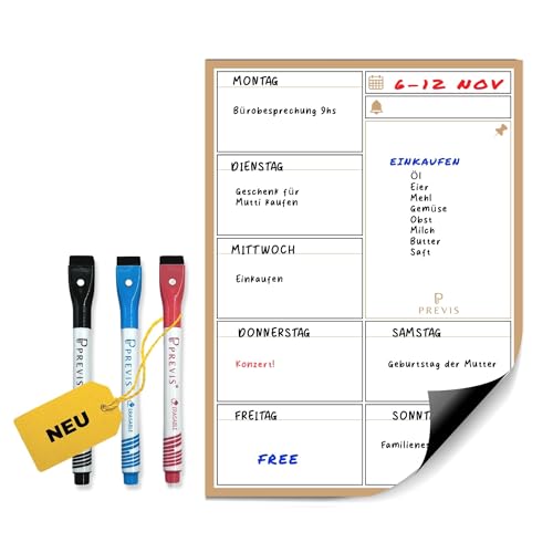 Previs Wochenplaner Abwischbar mit 3 Löschbaren Stiften - Magnettafel Küche - Wochenplaner Magnetisch - Magnettafel Kühlschrank - Whiteboard Wochenplaner - 100% Anpassbar von PREVIS