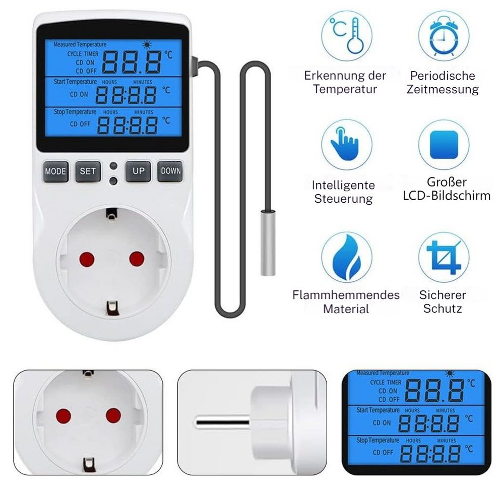 PRIISF Steckdosen-Thermostat -40~120℃ Digital Temperaturregler programmierbar Innenwetterstation (mit Thermodetektor Sensor, LCD Raumthermostat Heizkörperthermostat Heizkühlung Raumthermometer) von PRIISF