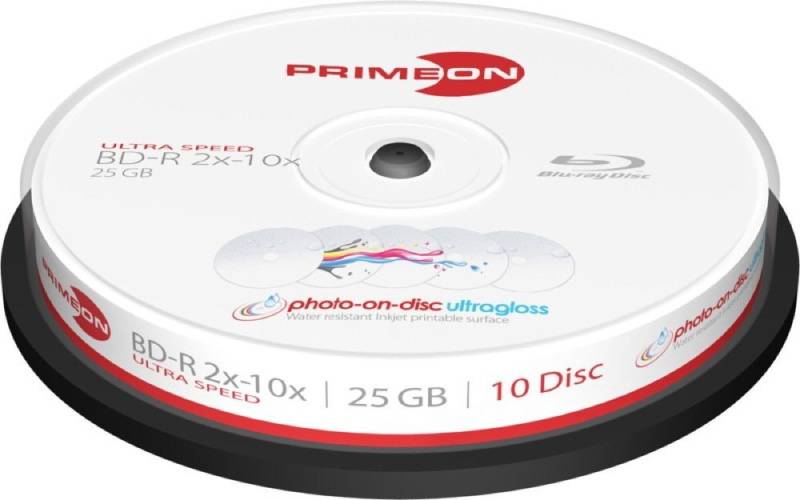 PRIMEON Blu-ray-Rohling 10 Rohlinge BD-R full printable ultragloss water 25GB 10x Spindel von PRIMEON