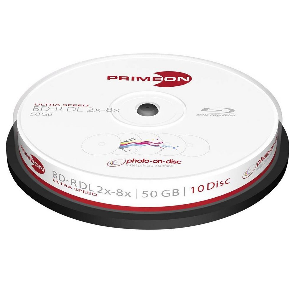 PRIMEON Blu-ray-Rohling BD-R DL 50GB 8x Photo-on-Disc 10er Spindel, Bedruckbar von PRIMEON