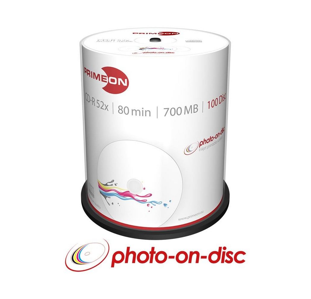 PRIMEON CD-Rohling 2761105 CD-R Rohlinge Inkjet Printable, 100 Stück, 80 Min / 700 MB, 52x SPEED, photo-on-disc Beschichtung, Cakebox 100er Spindel von PRIMEON