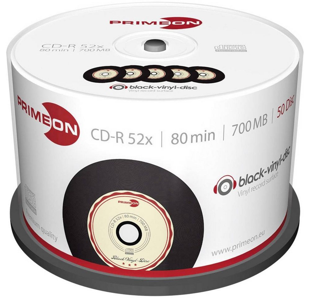 PRIMEON CD-Rohling CD-R 700MB 52x Black-Vinyl-Disc 50er Cakebox, Vinyl von PRIMEON