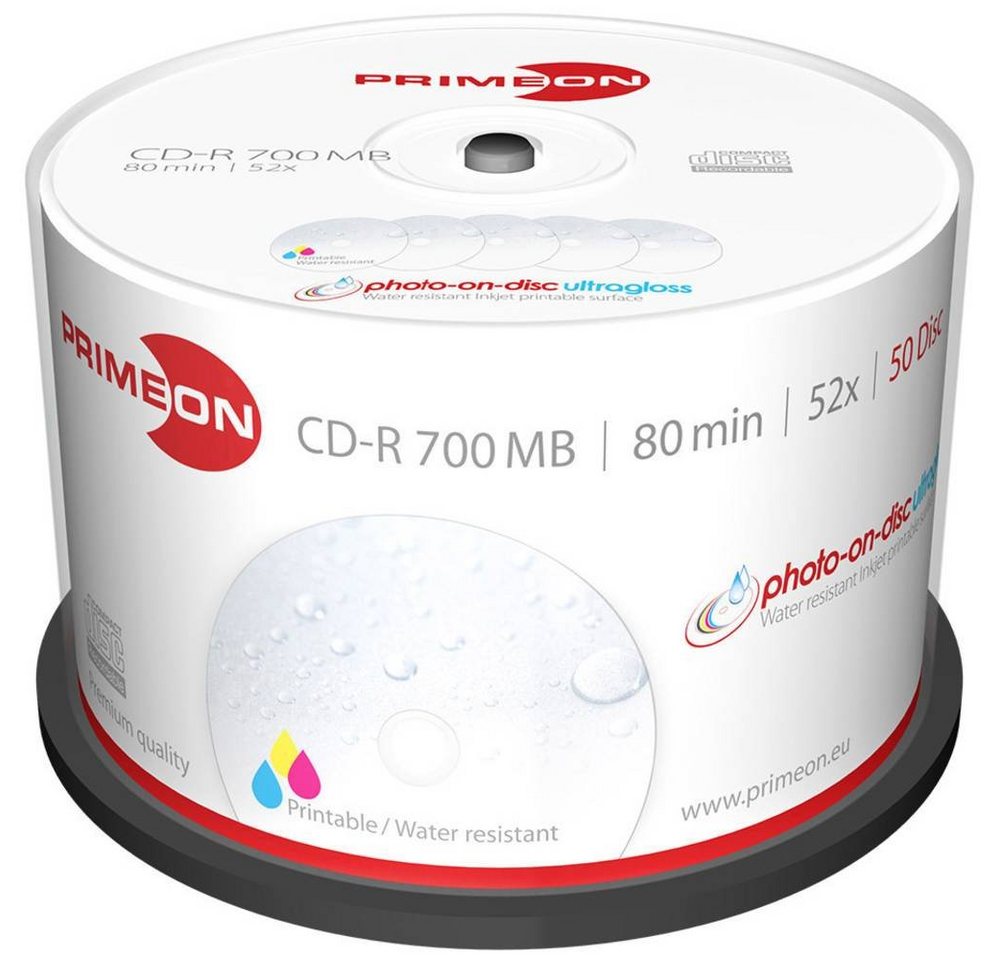 PRIMEON CD-Rohling CD-R 700MB 52x Photo-on-Disc ultragloss 50er, Bedruckbar, Hochglanz Oberfläche, Wasserfest, Wischfest von PRIMEON