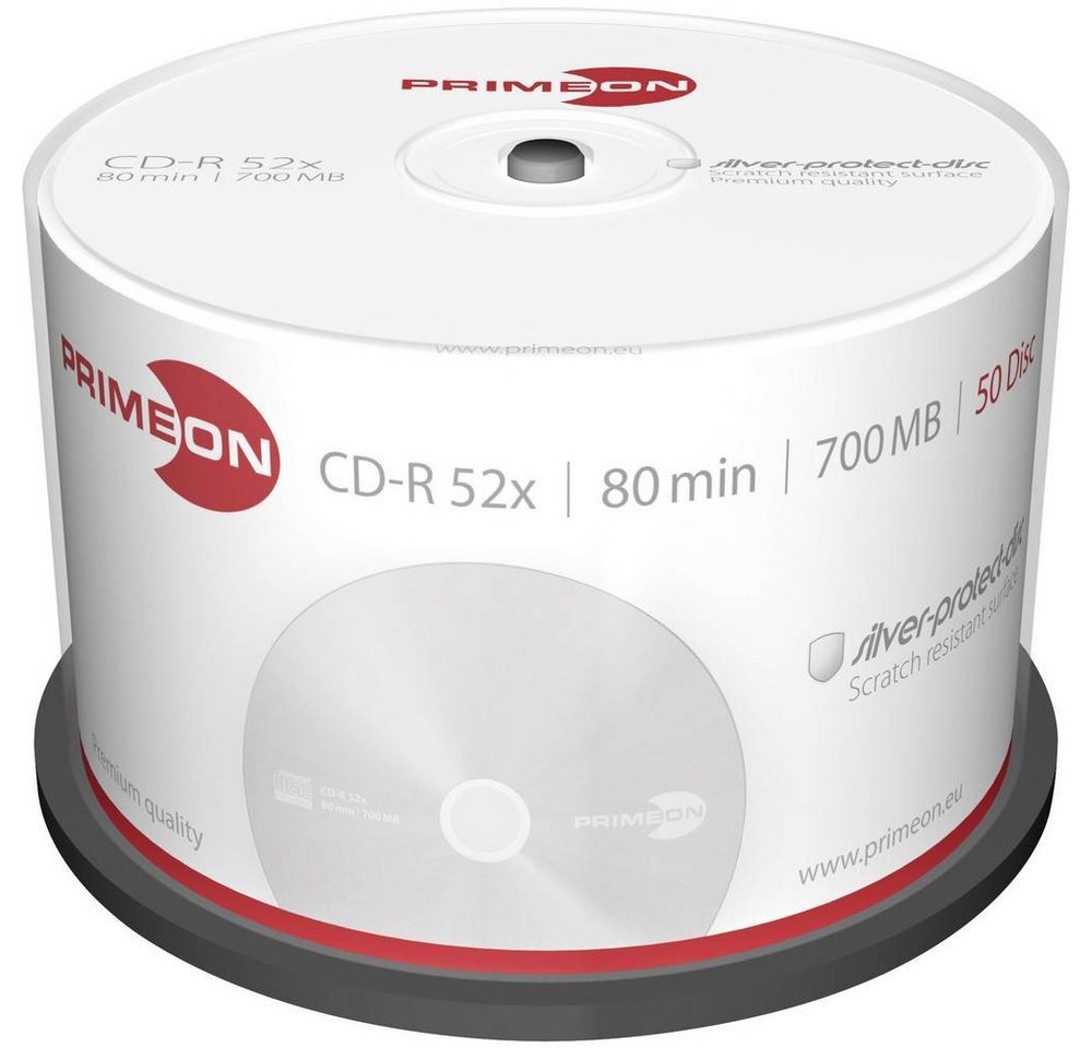 PRIMEON CD-Rohling CD-R 700MB 52x Silver Disc 50er Cakebox, Silber Matte Oberfläche von PRIMEON
