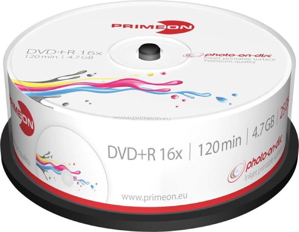 PRIMEON DVD-Rohling 25 Rohlinge DVD+R full printable photo on disc 4,7GB 16x Spindel von PRIMEON