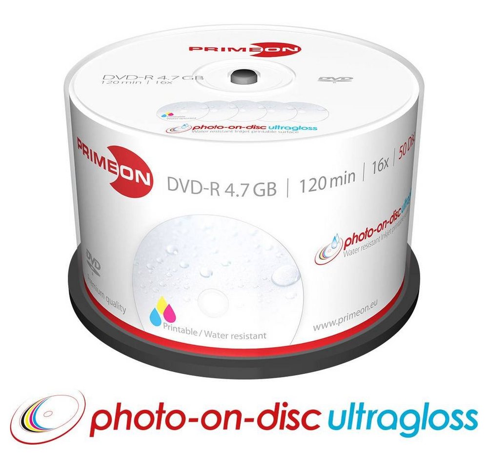 PRIMEON DVD-Rohling DVD-R 4.7GB 16x Photo-on-Disc ultragloss 50er, Bedruckbar, Hochglanz Oberfläche, Wasserfest, Wischfest von PRIMEON