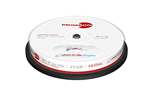 Primeon BD-R 25GB/2-10x Cakebox (10 Disc), photo-on-disc ultragloss Surface, Water resistant Inkjet Fullsize Printable weiß 29W / 32L von PRIMEON