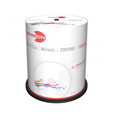 Primeon CD-R 80Min/700MB/52x Cakebox (100 Disc), photo-on-disc Surface, Inkjet Fullsize Printable, weiß von PRIMEON