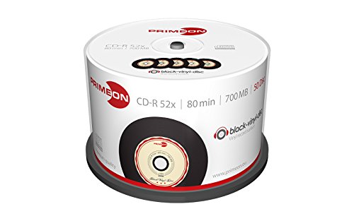 Primeon CD-R 80Min/700MB/52x Cakebox (50 Disc), black-vinyl-disc Surface, schwarz, beige,rot, 700 MB von PRIMEON
