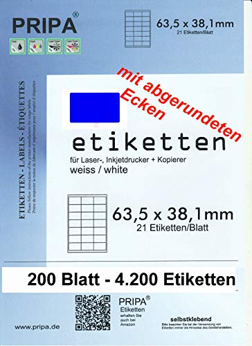 pripa - Amazon FBA Versand abgerundetete Etiketten 63,5 x 38,1 mm - 21 Stueck auf A4-200 Blatt DIN A4 selbstklebende Etiketten - DHL Post von PRIPA