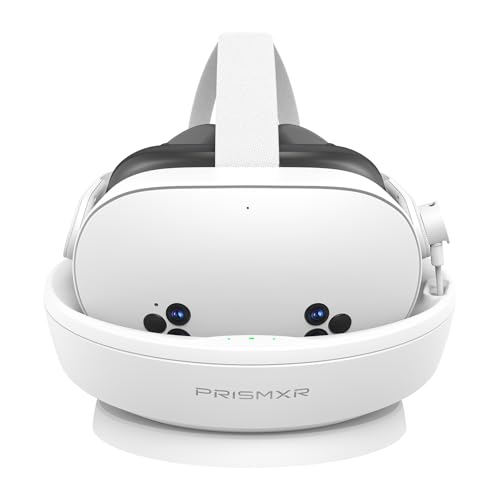 PRISMXR Ladestation für VR-Headset – Kompatibel mit Meta Quest 3S | Unterstützt Halo Strap & Elite Strap | Charging Dock für Controller mit 2 Akkus (Carina D1S) von PRISMXR