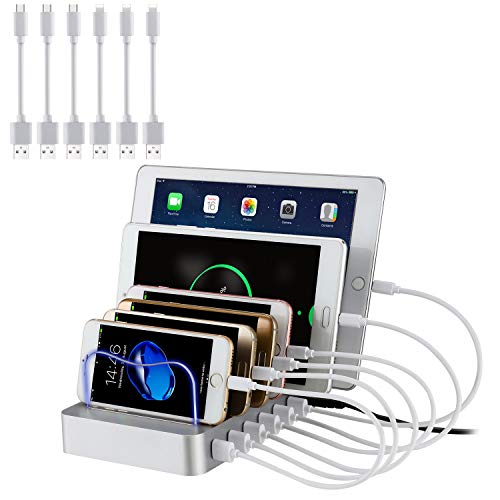 PRITEK USB Ladestation für Mehrere Geräte 6 Port Multi Handy Ladestation USB Ladegerät Dock & Organizer für Smartphone Tablet MP4 und andere USB-fähige Geräte 6 Kurze Kabel Inkl. (Silber) von PRITEK