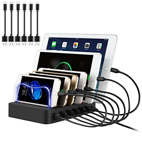 PRITEK USB Ladestation für Mehrere Geräte 6 Port USB Multi Ladestation Handy USB Ladegerät Dockingstation für Mobiltelefon Tablet MP4 und andere USB-fähige Geräte 6 Kurze Kabel Inkl. (Schwarz) von PRITEK