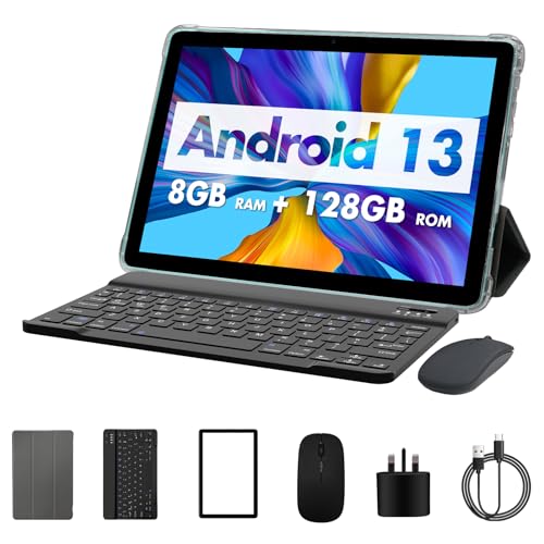 PRITOM 10 Inch Android 13 Tablet, 8GB(4+4), 128GB, Expandable 1TB, 8000 mAh, WiFi Tablet, Qcta Core Processor, WiFi 6, Tablet PC with Keyboard, Mouse, Case, Blueish Green von PRITOM