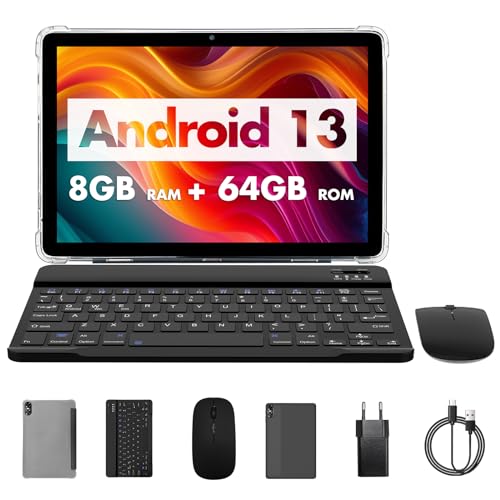 PRITOM 10 Zoll Tablet, 8 GB(4+4 GB Expand), 64 GB ROM, Android 13, 1TB Expand,Qcta core, WiFi 6, 6000 Mah, Tablet PC mit Tastatur, Maus, Case,Grau von PRITOM