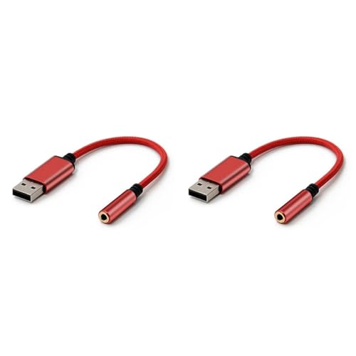 PRIZOM 2 x Audio-Adapter USB auf Kopfhörerbuchse 3,5 mm, externe Stereo-Soundkarte für PC, Laptop, für etc. (0,6 Fuß, rot) von PRIZOM
