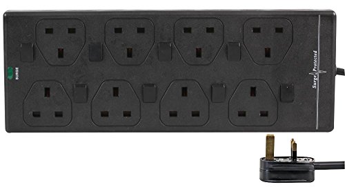 Pro Elec Einzeln geschaltetes Verlängerungskabel mit 8 Anschlüssen (evtl. nicht für deutsche Stecker geeignet), 10 m lang, überspannungsgeschützt, Schwarz, 2818NS(1N) 10 m BLK von PRO ELEC