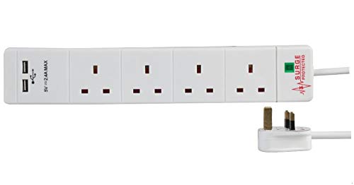 Pro Elec PEL00099 Verlängerungskabel mit 4-Fach Steckdose (für UK-Stecker), 2 USB-Anschlüsse, Überspannungsschutz, 5 m, weiß von PRO-ELEC