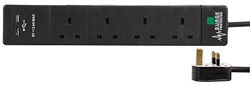 Pro Elec PEL00102 4-Wege-Verlängerungskabel, 2 USB-Anschlüsse, Überspannungsschutz, 3 m, Schwarz von PRO-ELEC