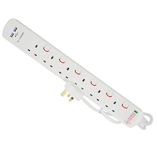 Pro Elec PL15644 Verlängerungskabel (6 Gang 2 USB, Überspannungsschutz, 2 m) Weiß von PRO-ELEC