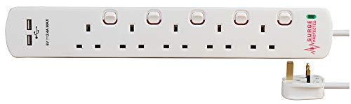 Pro Elec Surge 8518SU Verlängerungskabel (5 Gang 2 USB Überspannungsschutz), 2 m Länge, Weiß von PRO-ELEC