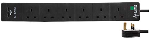 Pro Elec Verlängerungskabel mit Mehrfachstecker, 6-fach, 2 USB-Anschlüsse, Überspannungsschutz, 3 m, schwarz, PEL00118 von PRO-ELEC