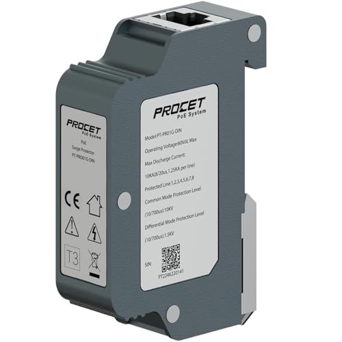 PROCET Industrial DIN Rail PoE Surge Protector IEEE802.3af/at/bt/PoE++ Gigabit PoE 10KV Ethernet Überspannungsableiter RJ45 Blitzunterdrücker, -40℃ to 85℃, Gehäuse aus Zinklegierung von PROCET PoE System