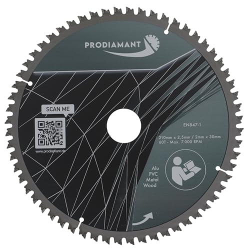 PRODIAMANT Multi Sägeblatt 210 x 30 mm Hartmetallsägeblatt für Holz, Alu, Kunstoff und Laminat mit HM TCT Zähnen für Tischsäge Kappsäge und Kreissäge von PRODIAMANT