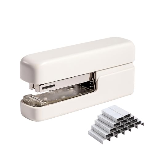 PROMISE FLOURISH Heftgerät für Schreibtisch, eingebauter Heftklammerentferner, 100 Heftklammern, tragbarer, ergonomischer Handhefter für Büro, Schule, Zuhause (weiß) von PROMISE FLOURISH
