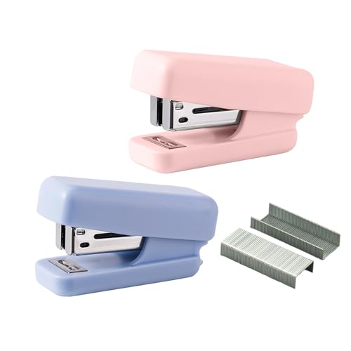 PROMISE FLOURISH Mini-Heftgerät für Schreibtisch, rutschfest, Bürohefter mit 1000 Heftklammern (Pink Blue) von PROMISE FLOURISH