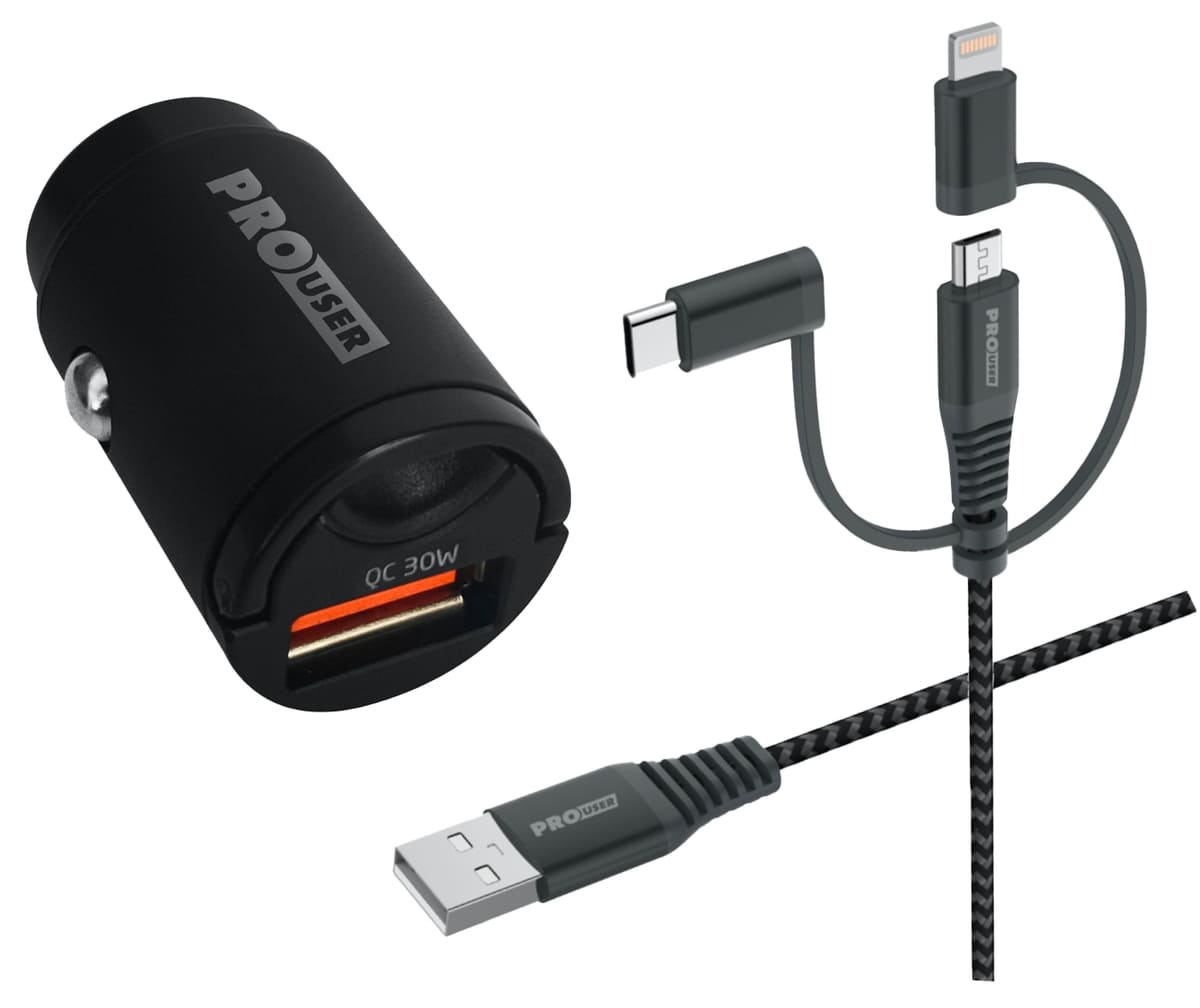 PROUSER KFZ USB-Lader-Set 20176, QC, extra klein, 3in1 USB-Kabel, schwarz von PROUSER
