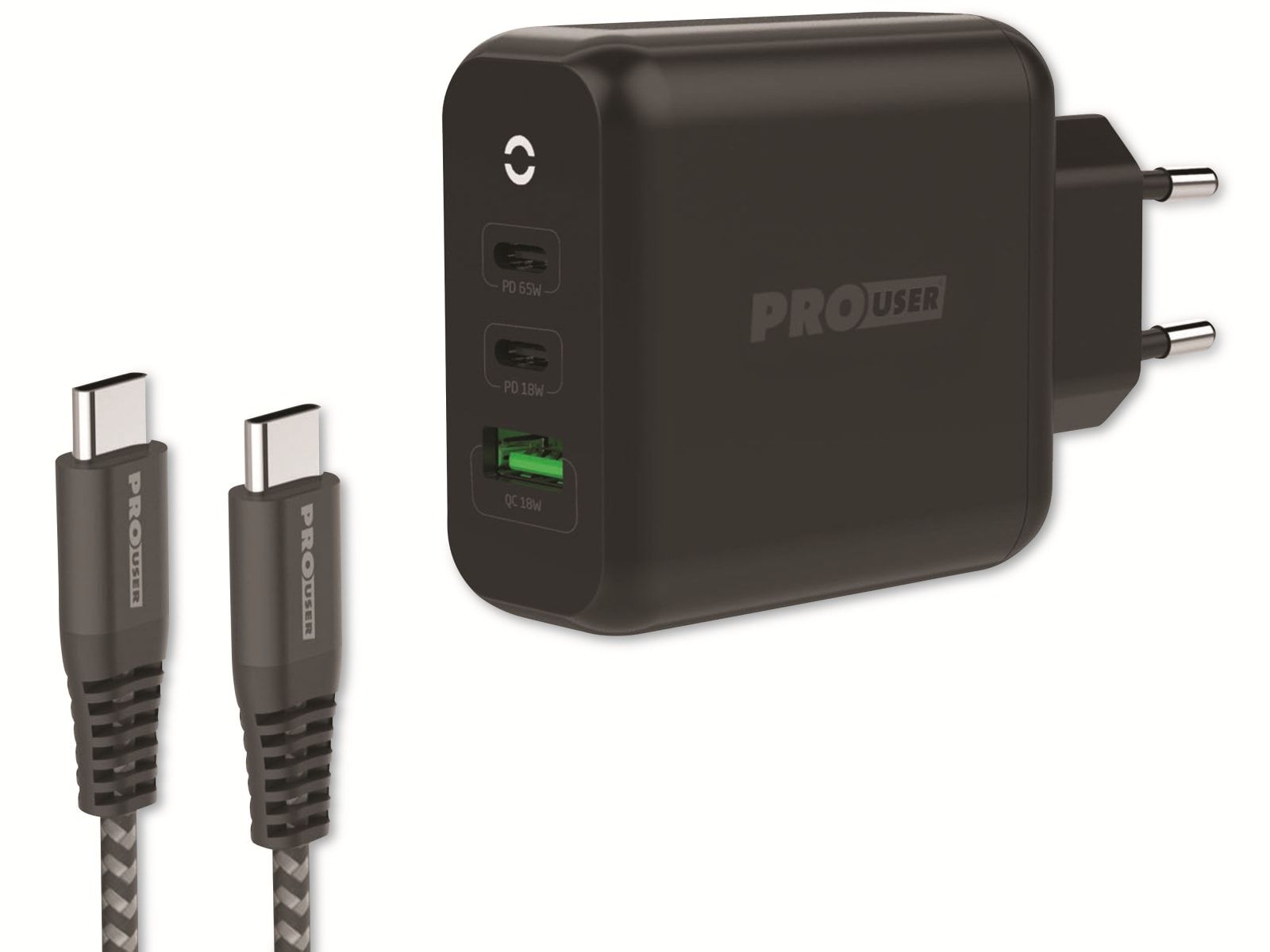 PROUSER USB-Lader PRO USER 20198, 3-fach, 65W, 2x USB-C, 1x USB-A, GaN, schwarz von PROUSER