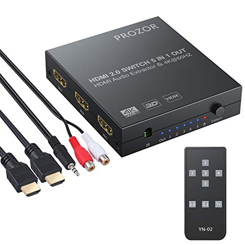 PROZOR 5x1 HDMI 2.0 Switch mit Audio Extractor Unterstützt HDR 4K@60Hz YUV 4:4:4 HDMI zu optischem TOSLINK SPDIF + analogem 3,5-mm-Kopfhörer Stereo Audio Konverter von PROZOR