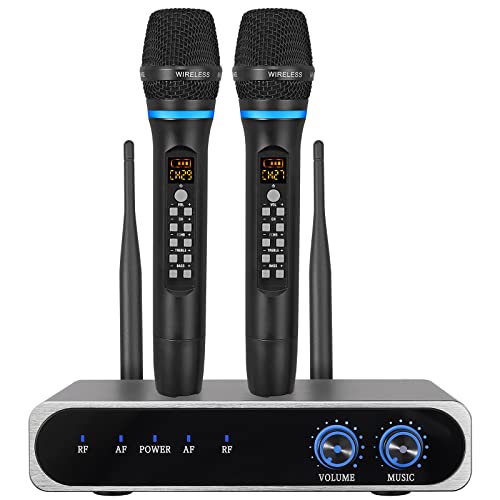 PROZOR Drahtloses Mikrofon mit Bluetooth UHF FM Mikrofon Wiederaufladbares Mikrofon 3,5mm AUX Eingang und Ausgang 6,35mm Mix Ausgang Höhen- und Lautstärkeregelung des Halls für Hochzeit, DJ, Bühne von PROZOR