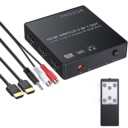 PROZOR HDMI Konverter 3x1 HDMI Switch mit Audio Extractor Analog Optisches Toslink SPDIF Ausgang Support 4K 3D mit IR Fernbedienung HDMI Kabel USB Ladekabel 3.5mm männlich zu 2 RCA Weiblich Kabel von PROZOR